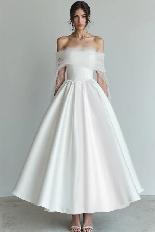 White A Line Off The Shoulder Long Wedding Dress with Tulle sold by Zapaka