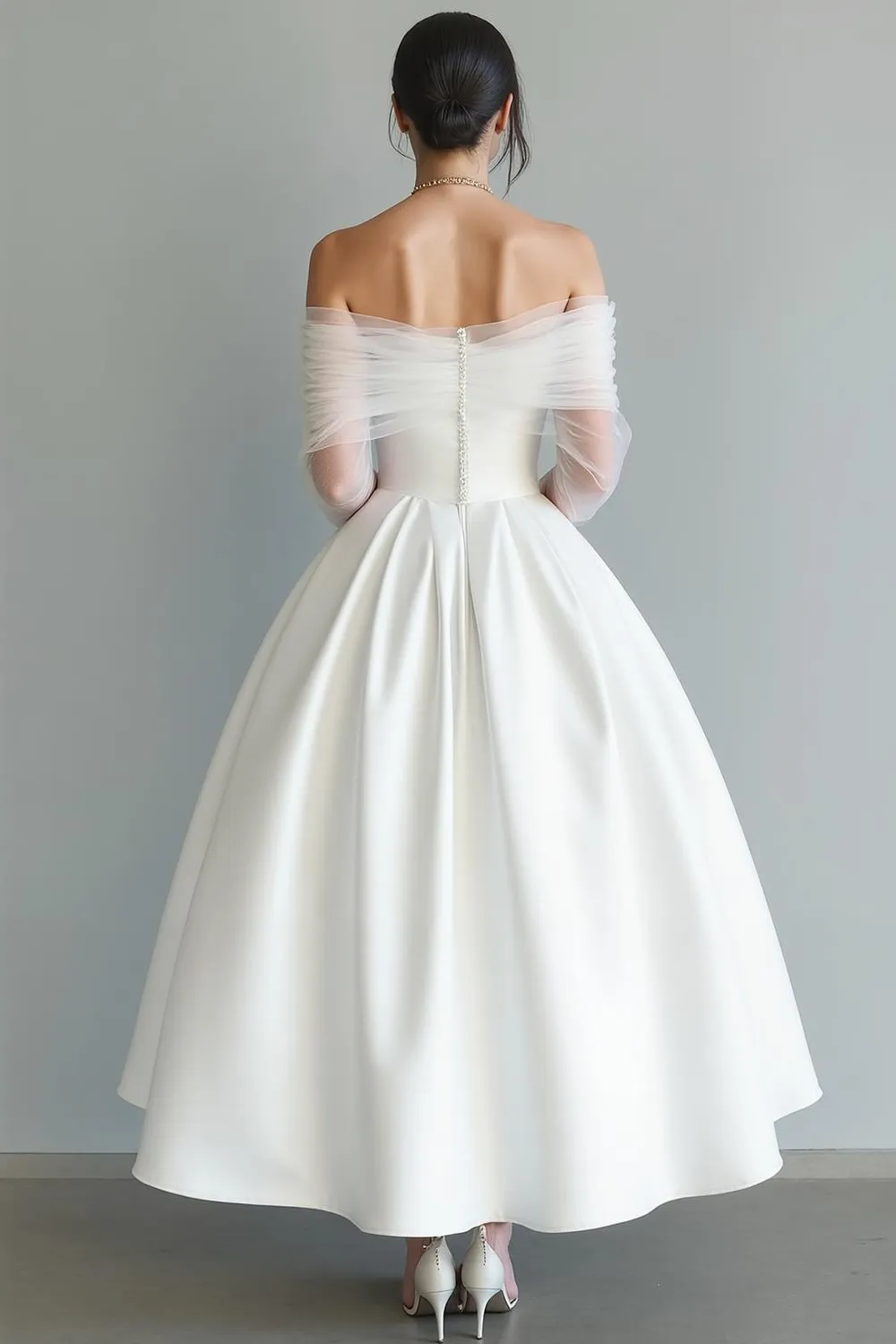 White A Line Off The Shoulder Long Wedding Dress with Tulle sold by Zapaka product image thumbnail 2