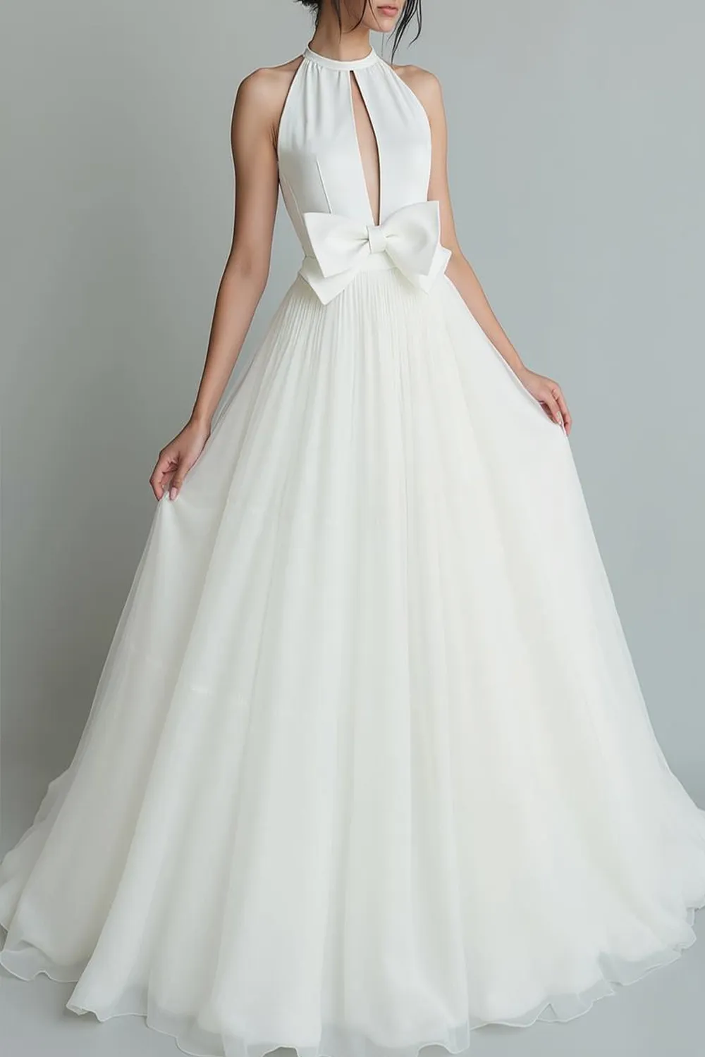 White A Line Organza Bow Crew Neck Long Wedding Dress with Keyhole sold by Zapaka product image thumbnail 3