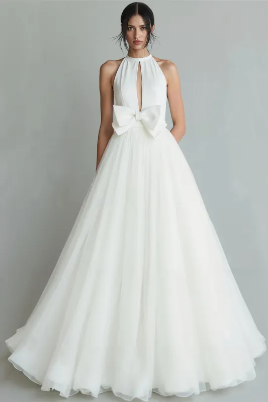 White A Line Organza Bow Crew Neck Long Wedding Dress with Keyhole sold by Zapaka