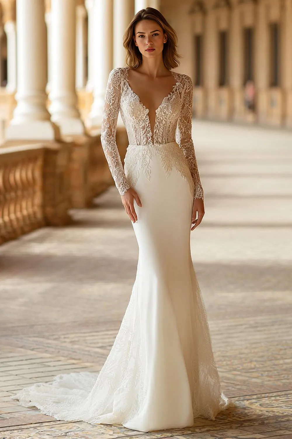 Ivory V-Neck Mermaid Court Train Long Sleeves Wedding Dress sold by Zapaka