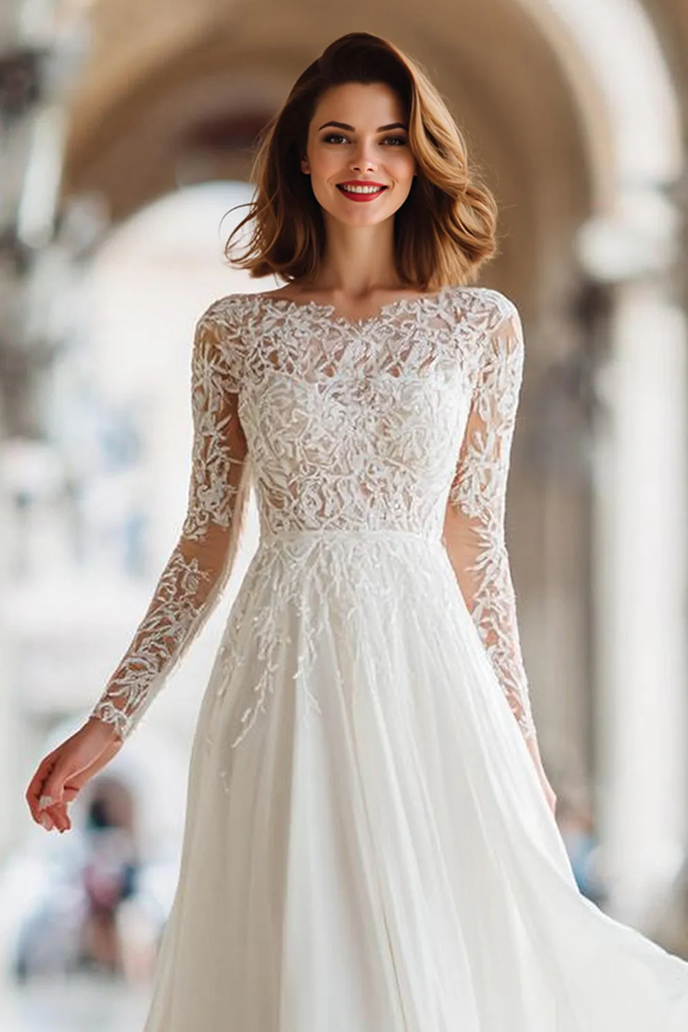 Ivory Lace A Line Long Sleeve Wedding Dress sold by Zapaka product image thumbnail 2