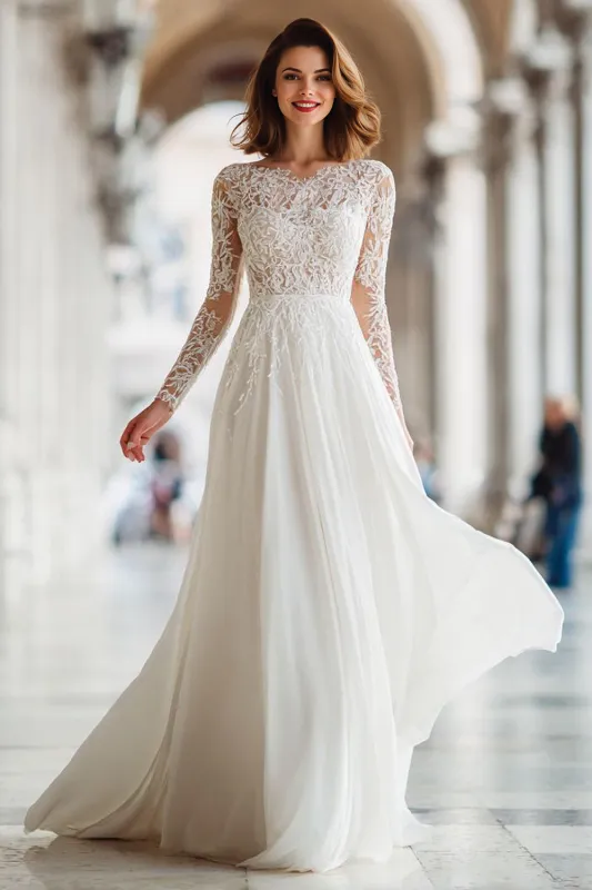 Ivory Lace A Line Long Sleeve Wedding Dress sold by Zapaka