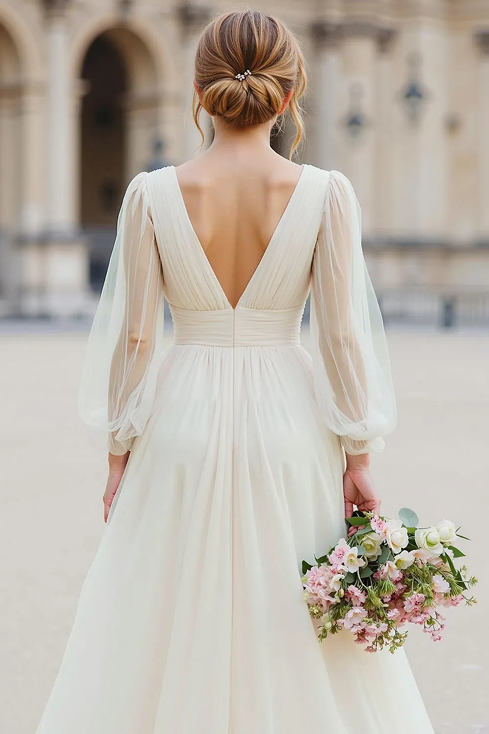 Ivory V-Neck A Line Long Sleeve Wedding Dress sold by Zapaka product image thumbnail 4