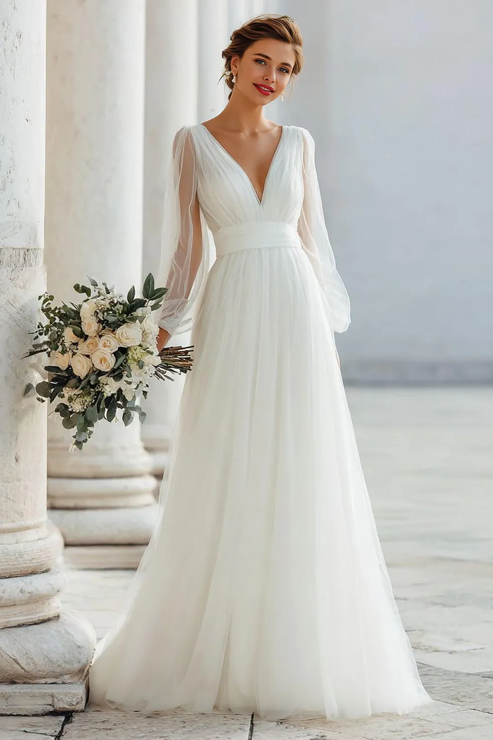 Ivory V-Neck A Line Long Sleeve Wedding Dress sold by Zapaka