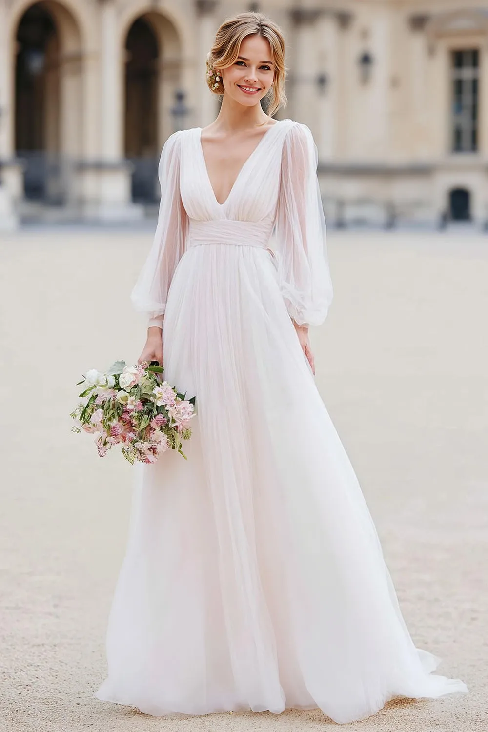 Ivory V-Neck A Line Long Sleeve Wedding Dress sold by Zapaka product image thumbnail 5