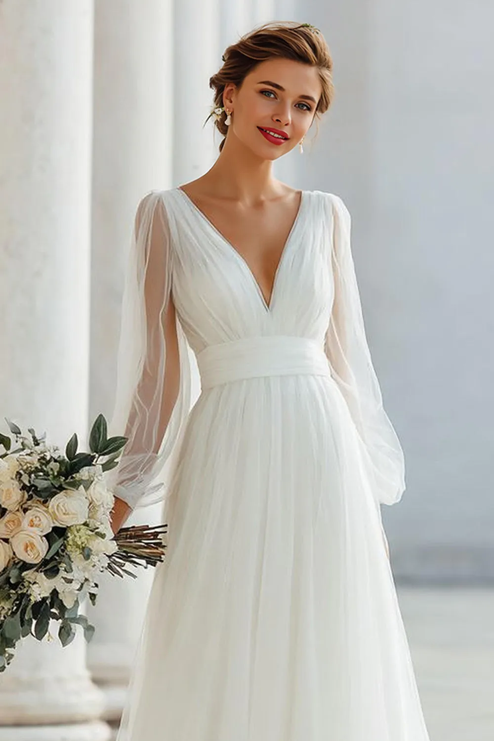 Ivory V-Neck A Line Long Sleeve Wedding Dress sold by Zapaka product image thumbnail 3