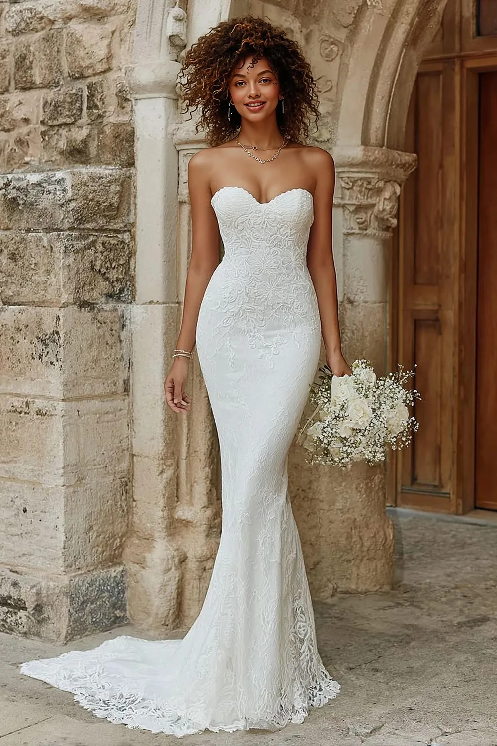 Ivory Strapless Mermaid Court Train Wedding Dress sold by Zapaka