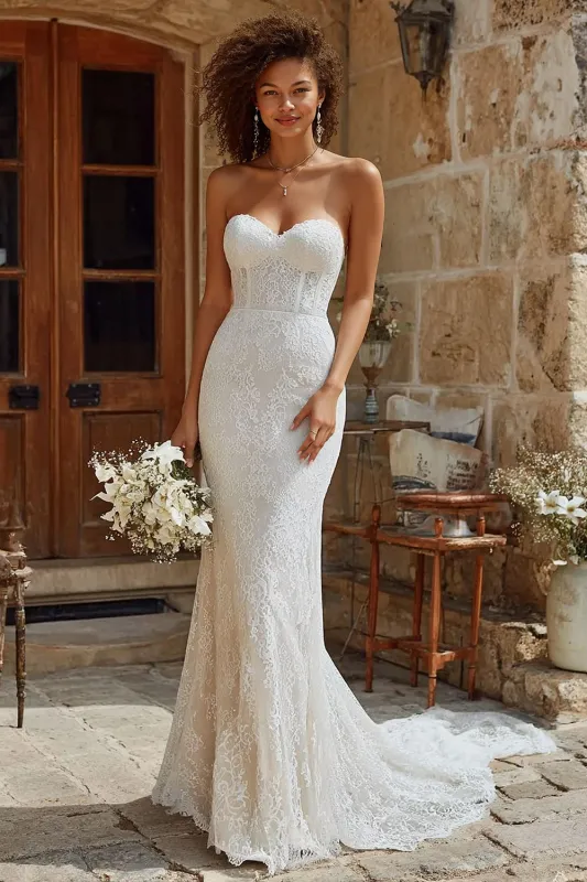 Ivory Strapless Mermaid Lace Court Train Wedding Dress sold by Zapaka