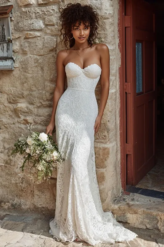 Strapless Lace Ivory Mermaid Wedding Dress sold by Zapaka