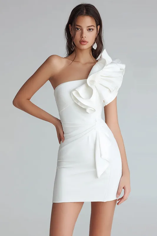 Ruched One Shoulder Bodycon Satin Little White Dress sold by Zapaka