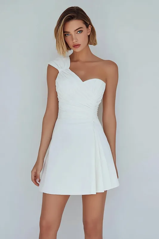 One Shoulder A Line Ruched Little White Dress made by Zapaka