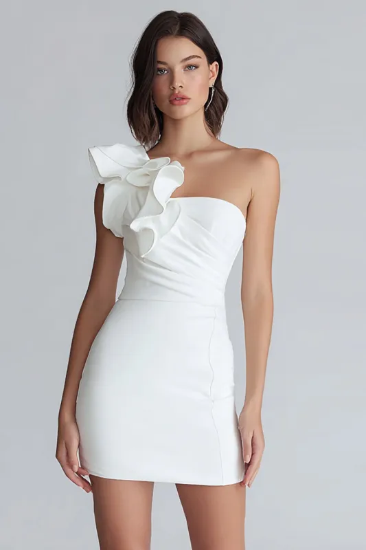 Ruched One Shoulder Bodycon Little White Dress sold by Zapaka