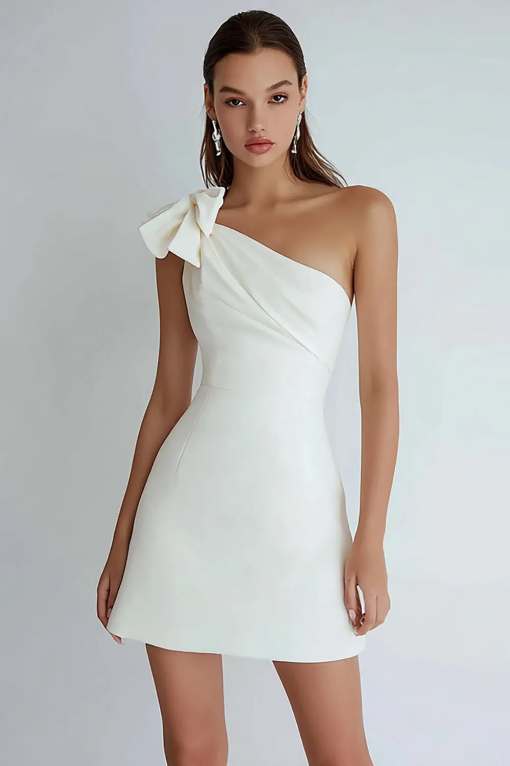 One Shoulder A Line Little White Dress with Bow sold by Zapaka
