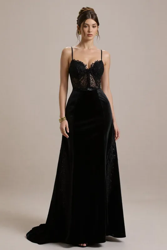 Black A Line Velvet Corset Long Black Tie Dress with Lace sold by Zapaka