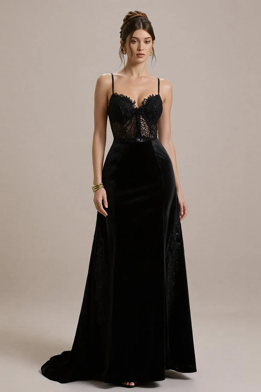 Black A Line Velvet Corset Long Black Tie Dress with Lace sold by Zapaka