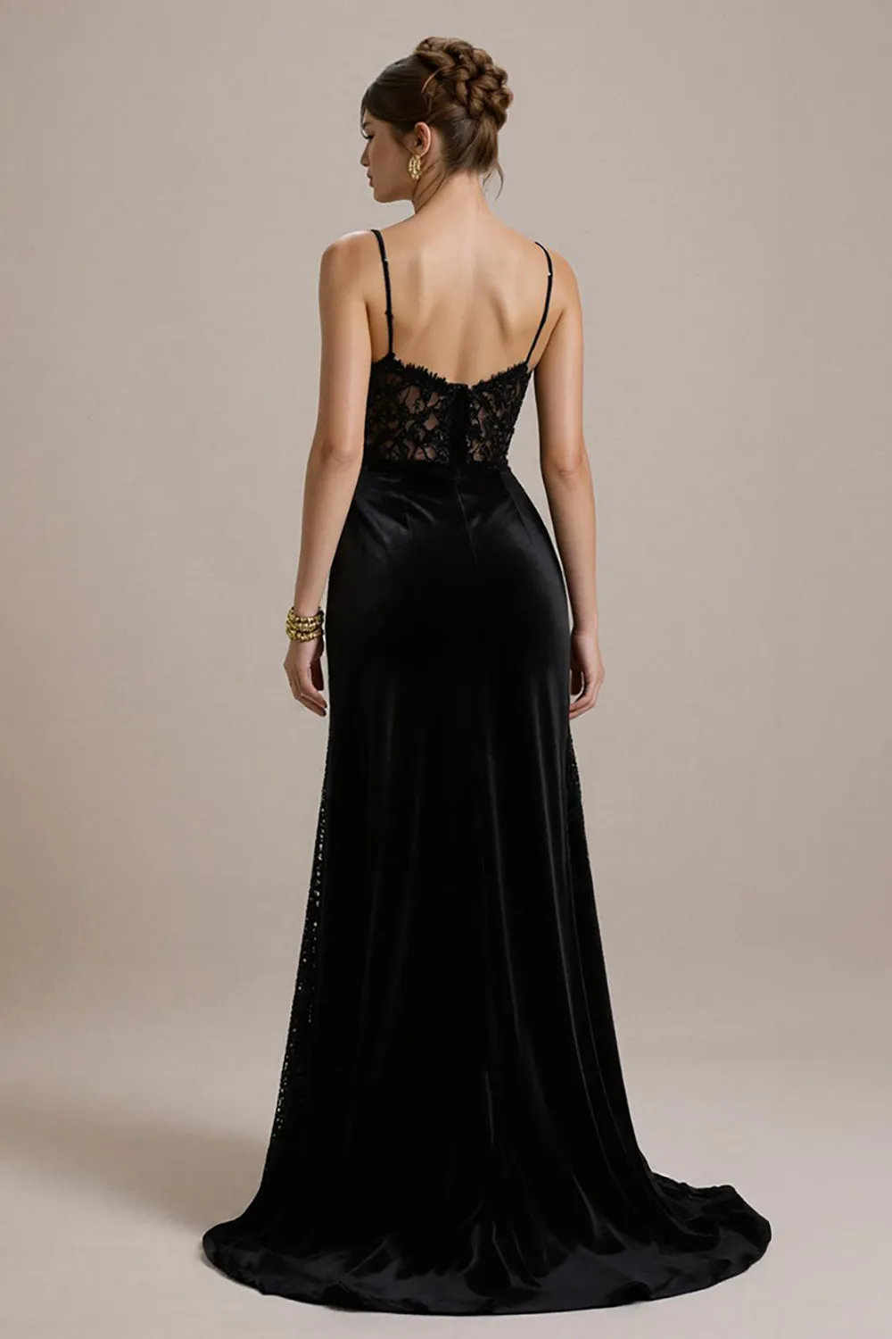 Black A Line Velvet Corset Long Black Tie Dress with Lace sold by Zapaka product image thumbnail 2