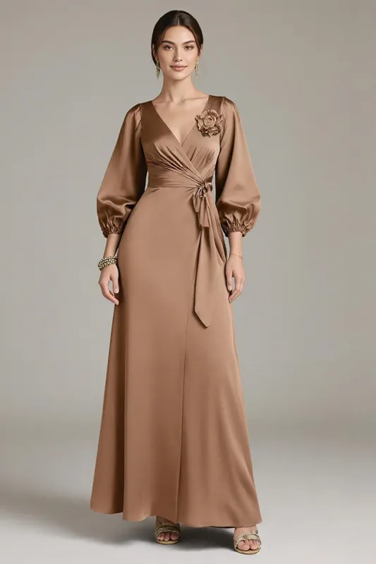Terracotta Satin V-Neck Floral Long Black Tie Dress with Sleeves sold by Zapaka