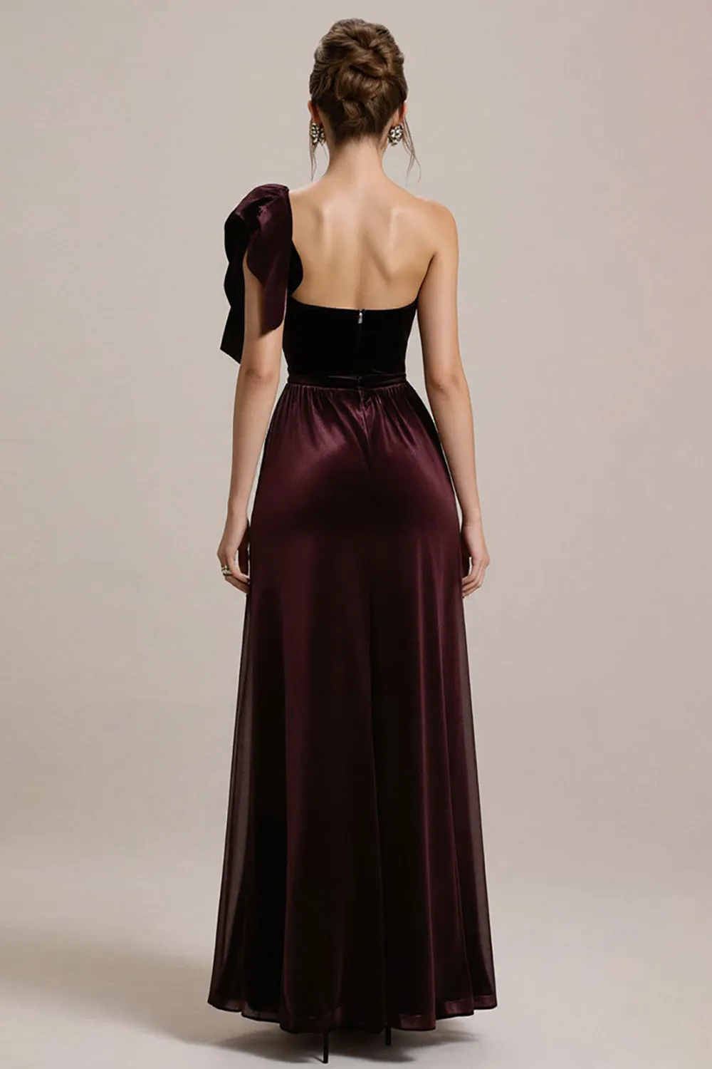 Burgundy One Shoulder A Line Long Black Tie Dress with Ruffles sold by Zapaka product image thumbnail 2