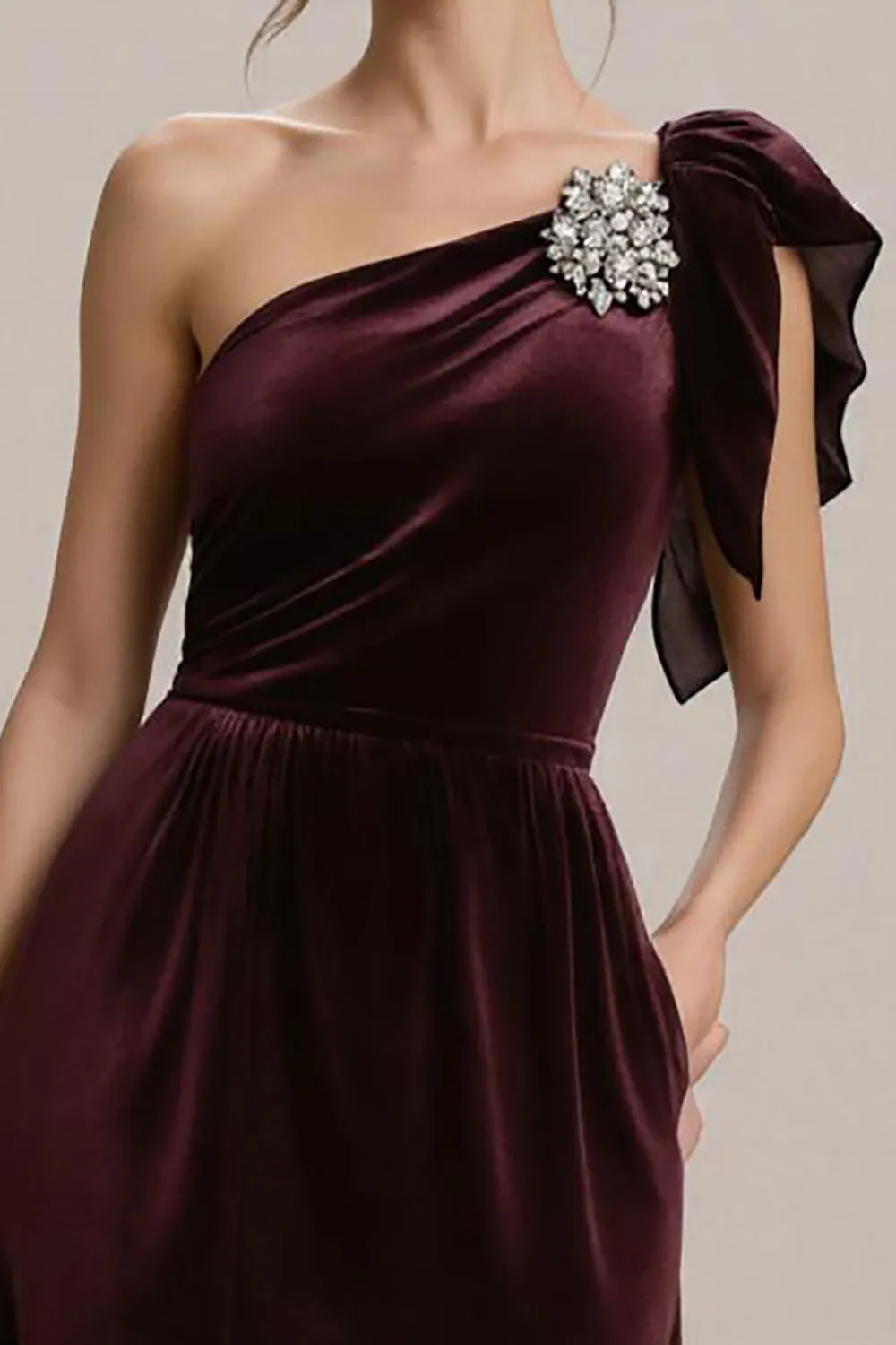 Burgundy One Shoulder A Line Long Black Tie Dress with Ruffles sold by Zapaka product image thumbnail 3