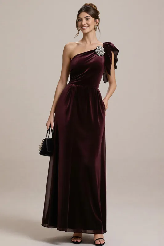 Burgundy One Shoulder A Line Long Black Tie Dress with Ruffles sold by Zapaka