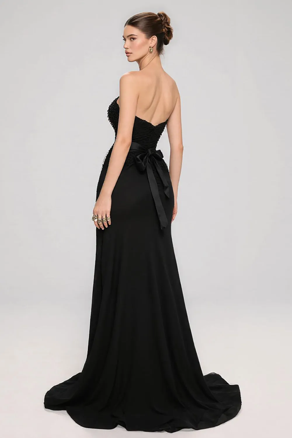 Black Sweetheart A Line Long Black Tie Dress with Bow sold by Zapaka product image thumbnail 2