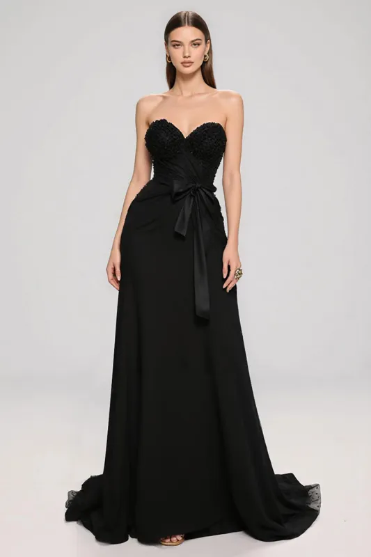 Black Sweetheart A Line Long Black Tie Dress with Bow sold by Zapaka
