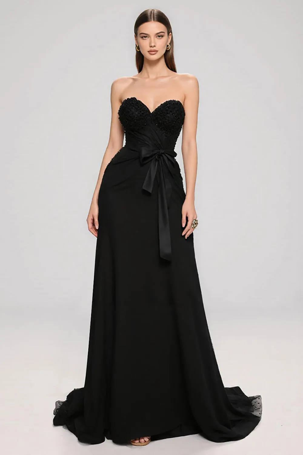 Black Sweetheart A Line Long Black Tie Dress with Bow sold by Zapaka