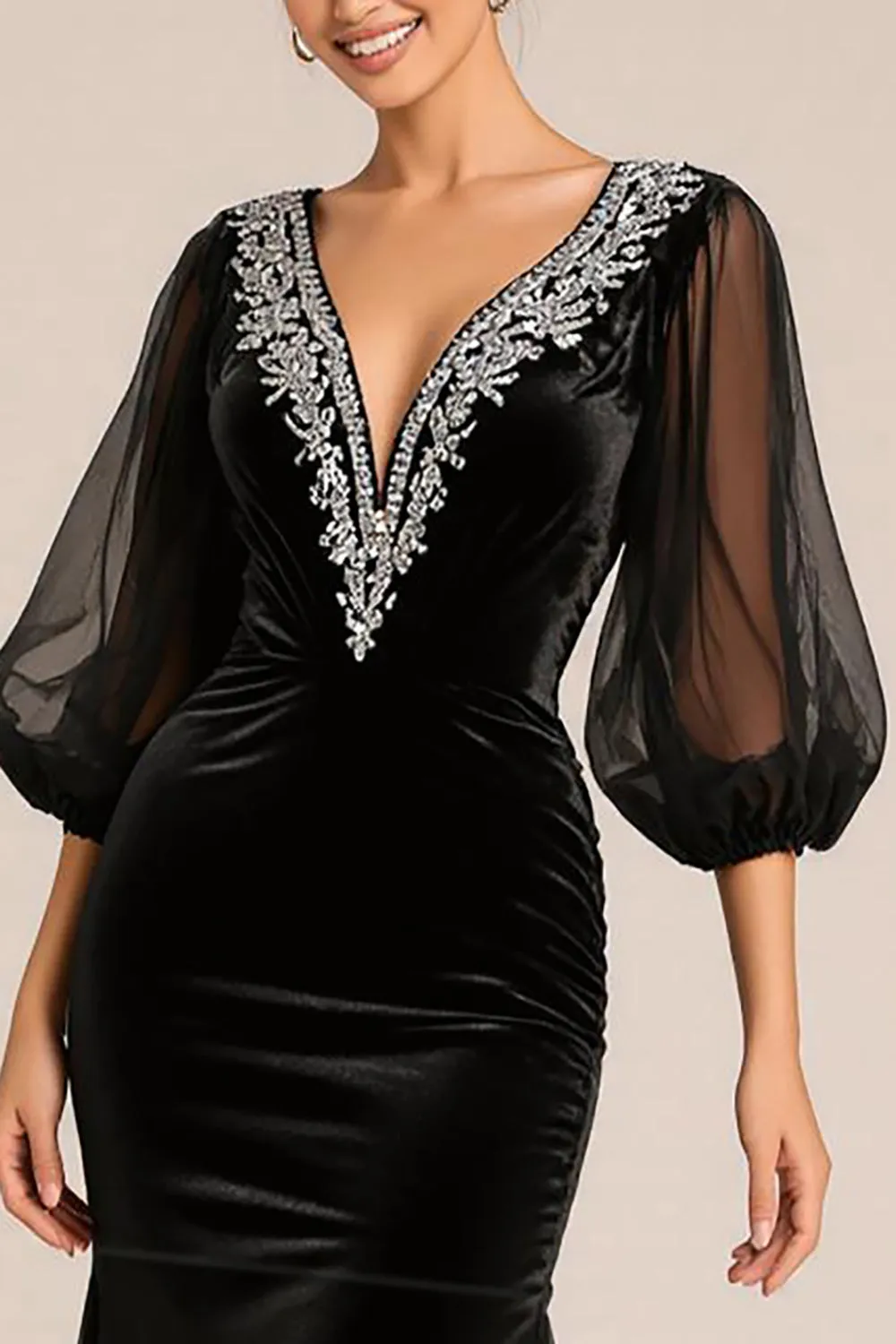 Black Mermaid V-Neck Long Sleeves Black Tie Dress with Lace sold by Zapaka product image thumbnail 3