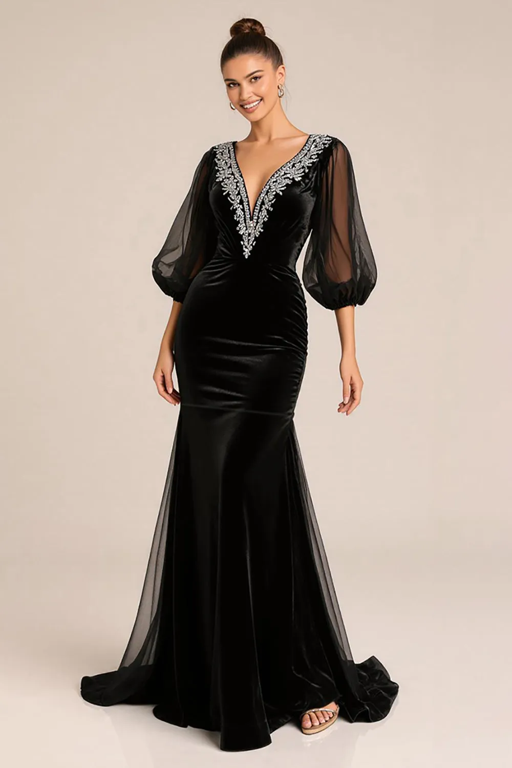 Black Mermaid V-Neck Long Sleeves Black Tie Dress with Lace sold by Zapaka