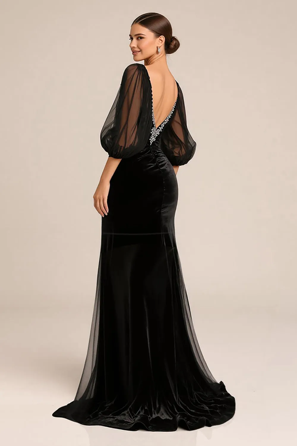 Black Mermaid V-Neck Long Sleeves Black Tie Dress with Lace sold by Zapaka product image thumbnail 2