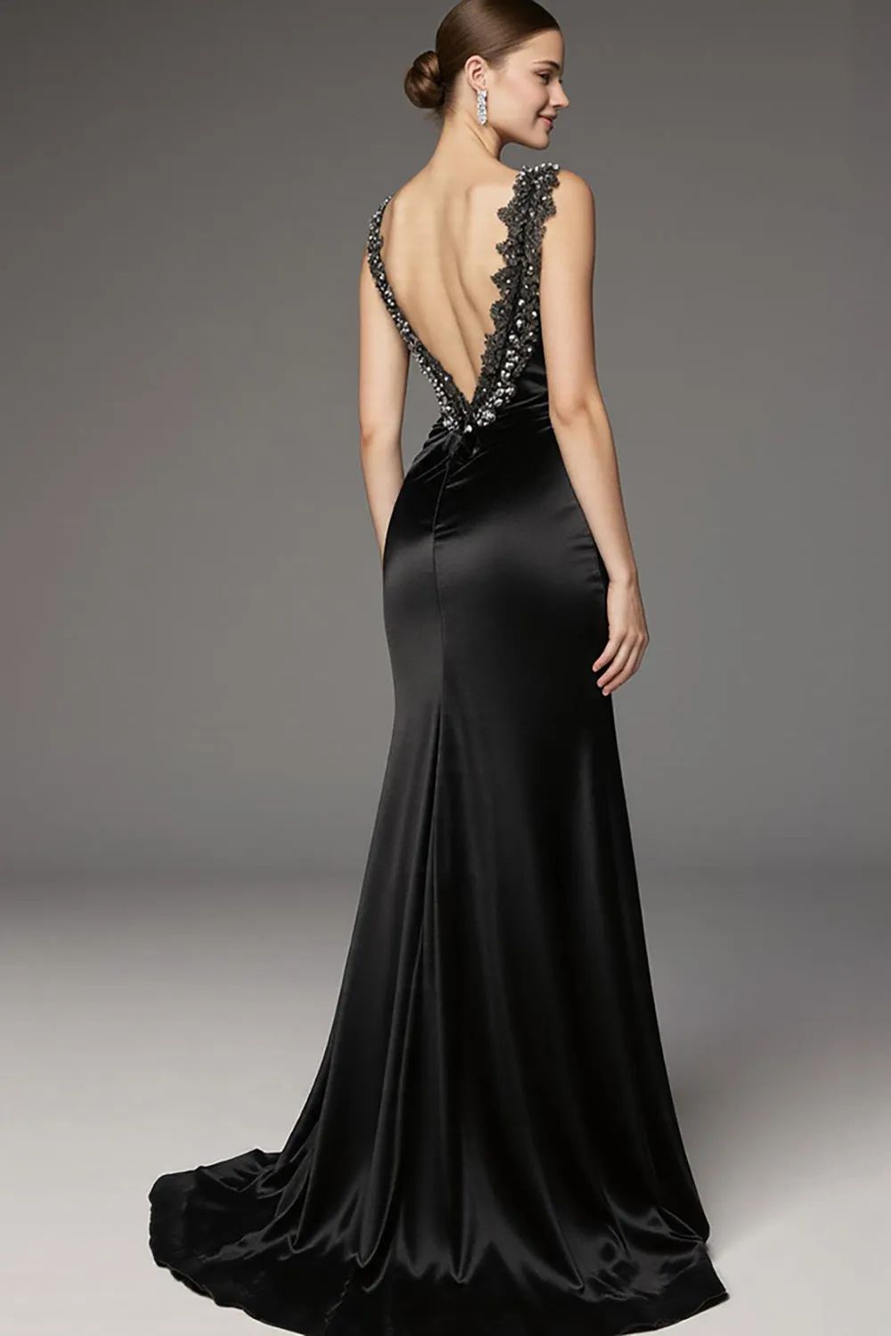 Black Satin A Line Square Neck Long Black Tie Dress with Lace sold by Zapaka product image thumbnail 2