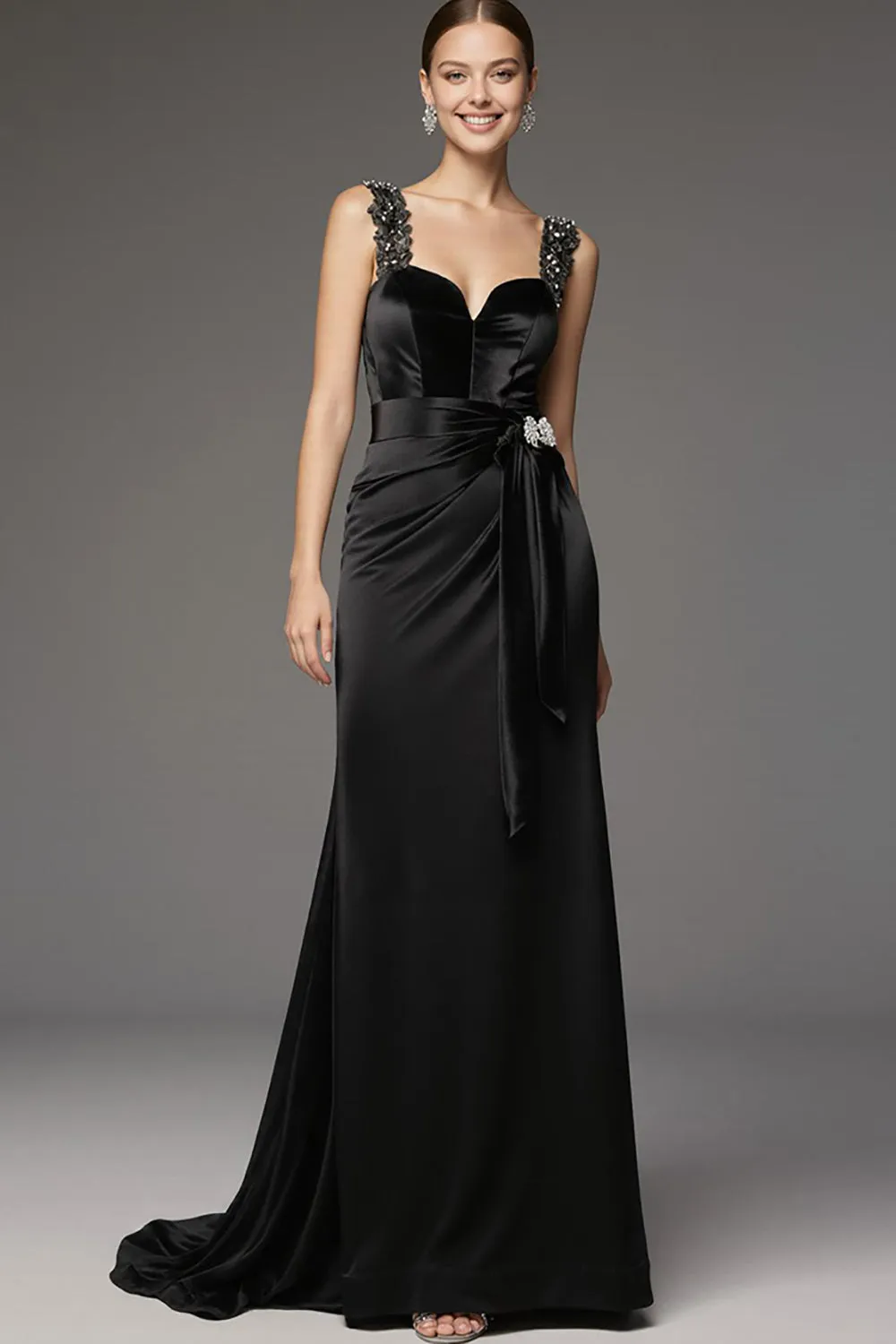 Black Satin A Line Square Neck Long Black Tie Dress with Lace sold by Zapaka