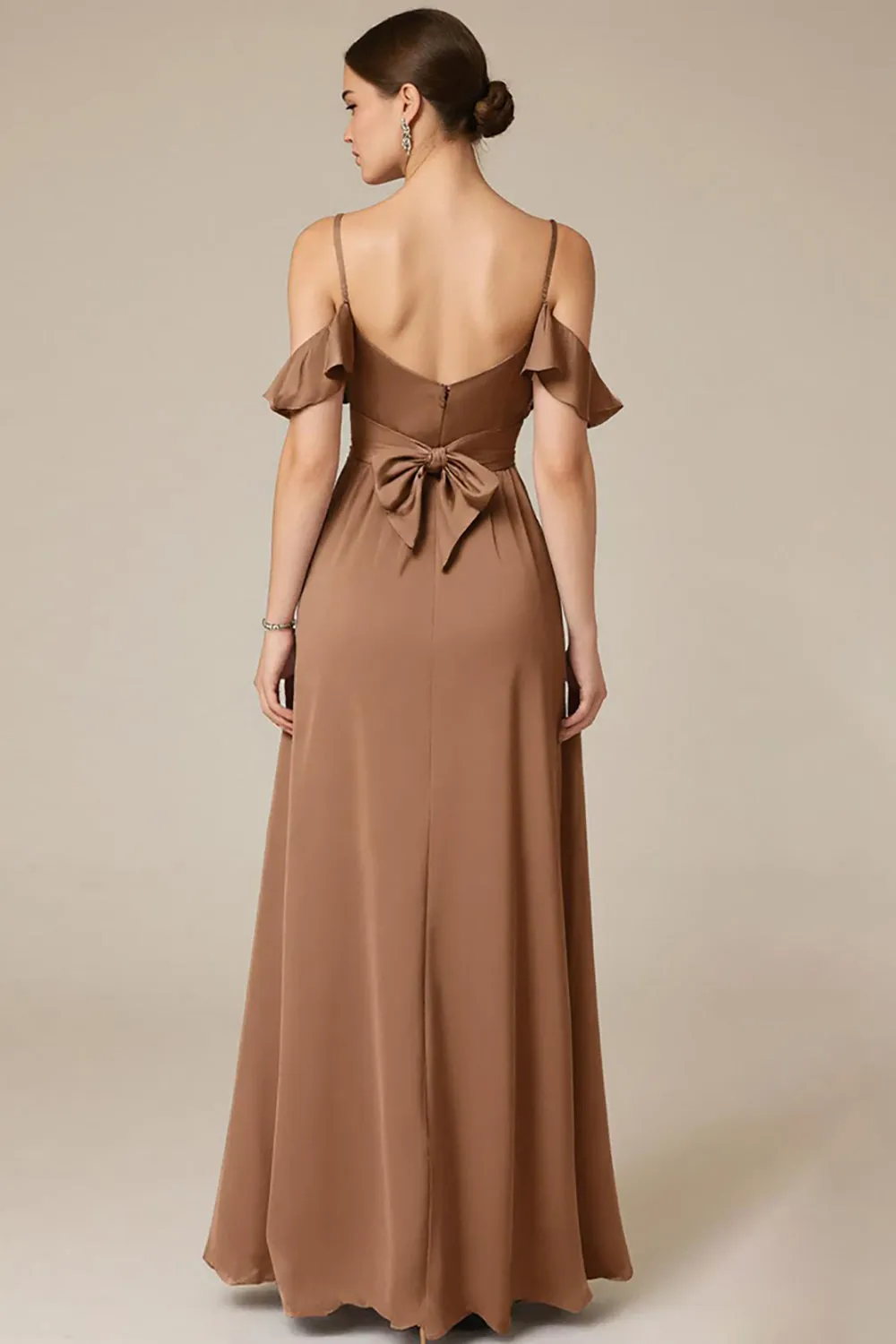 Terracotta Ruffled Satin Cold Shoulder Long Black Tie Dress with Slit sold by Zapaka product image thumbnail 2