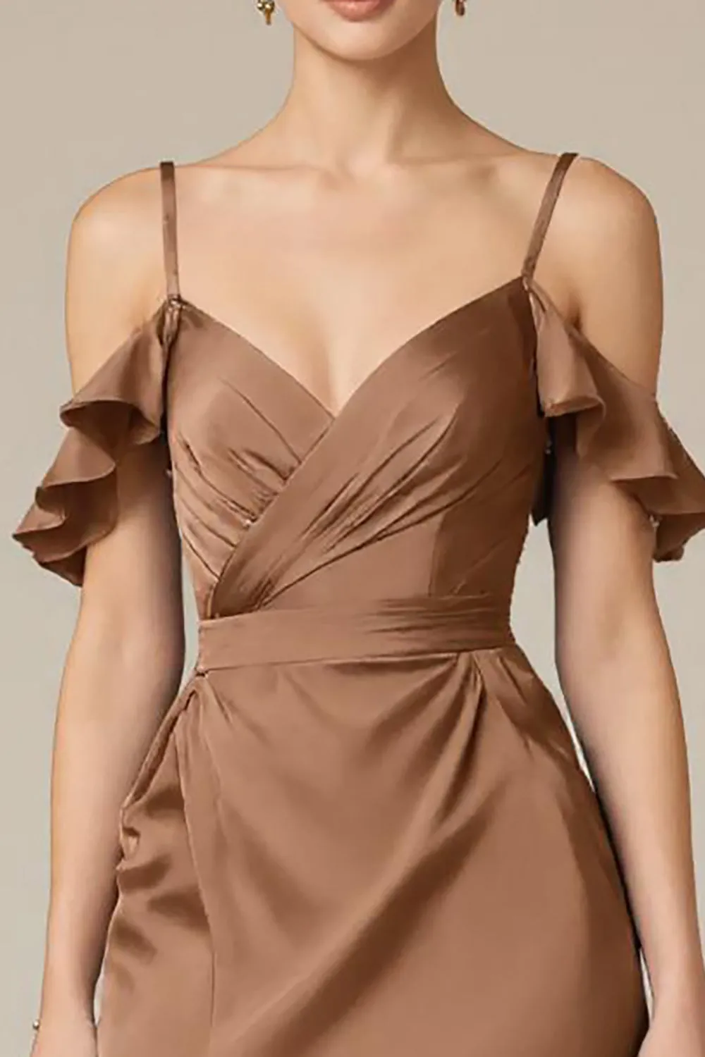 Terracotta Ruffled Satin Cold Shoulder Long Black Tie Dress with Slit sold by Zapaka product image thumbnail 3