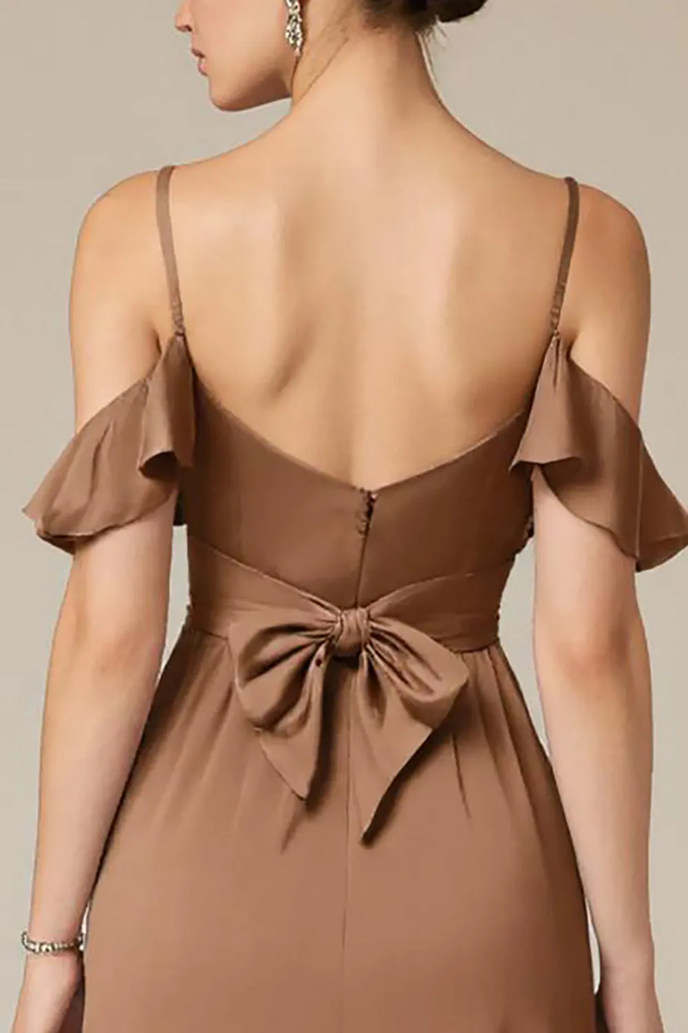 Terracotta Ruffled Satin Cold Shoulder Long Black Tie Dress with Slit sold by Zapaka product image thumbnail 4