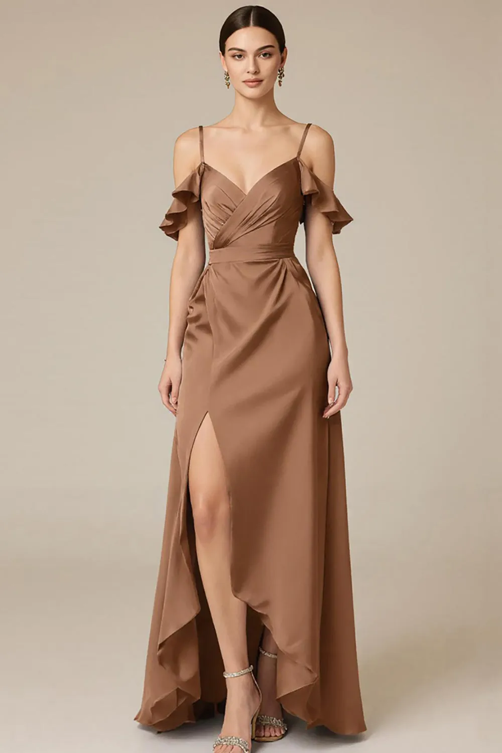 Terracotta Ruffled Satin Cold Shoulder Long Black Tie Dress with Slit sold by Zapaka