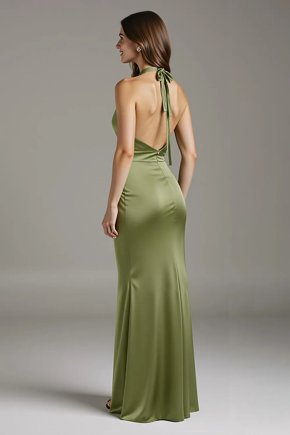 Sage Green Halter Satin Sheath Long Black Tie Dress with Slit sold by Zapaka product image thumbnail 2