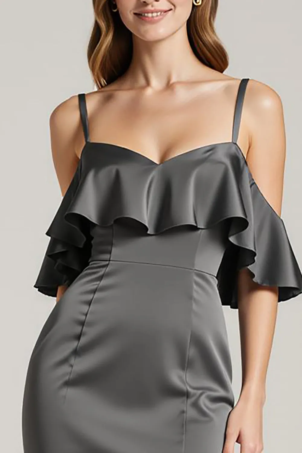 Steel Grey Sheath Cold Shoulder Satin Long Black Tie Dress with Ruffles sold by Zapaka product image thumbnail 3