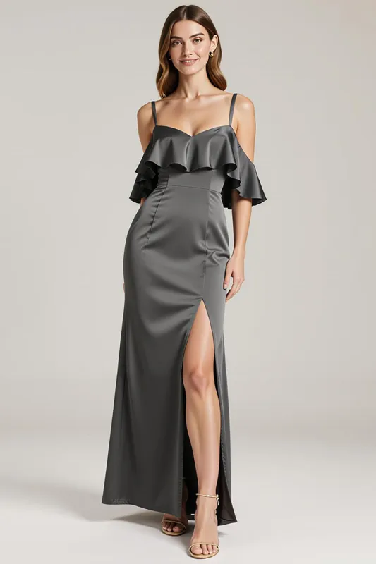 Steel Grey Sheath Cold Shoulder Satin Long Black Tie Dress with Ruffles sold by Zapaka