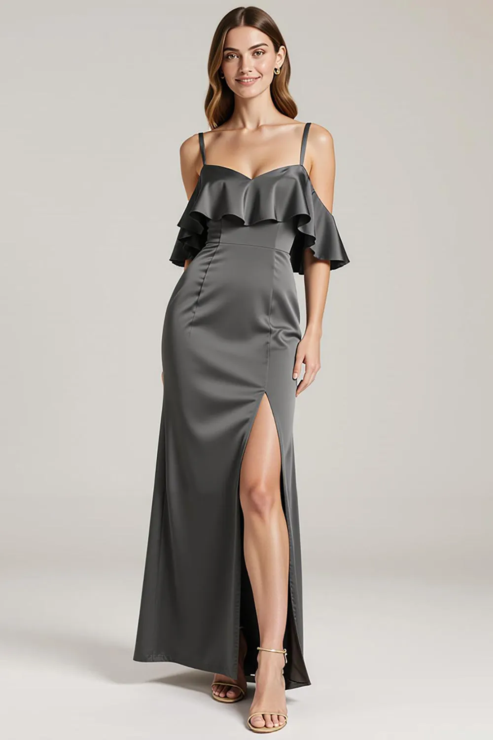 Steel Grey Sheath Cold Shoulder Satin Long Black Tie Dress with Ruffles sold by Zapaka