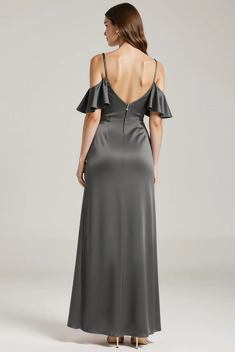 Steel Grey Sheath Cold Shoulder Satin Long Black Tie Dress with Ruffles sold by Zapaka product image thumbnail 2