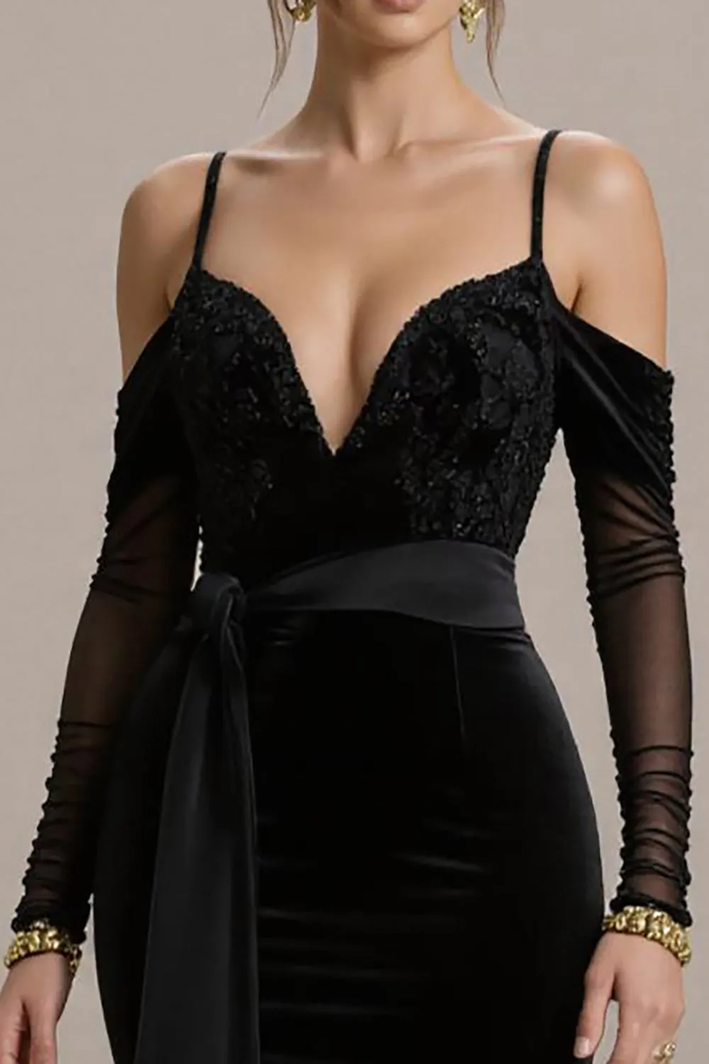 Black Mermaid Cold Shoulder Long Black Tie Dress with Appliques sold by Zapaka product image thumbnail 3