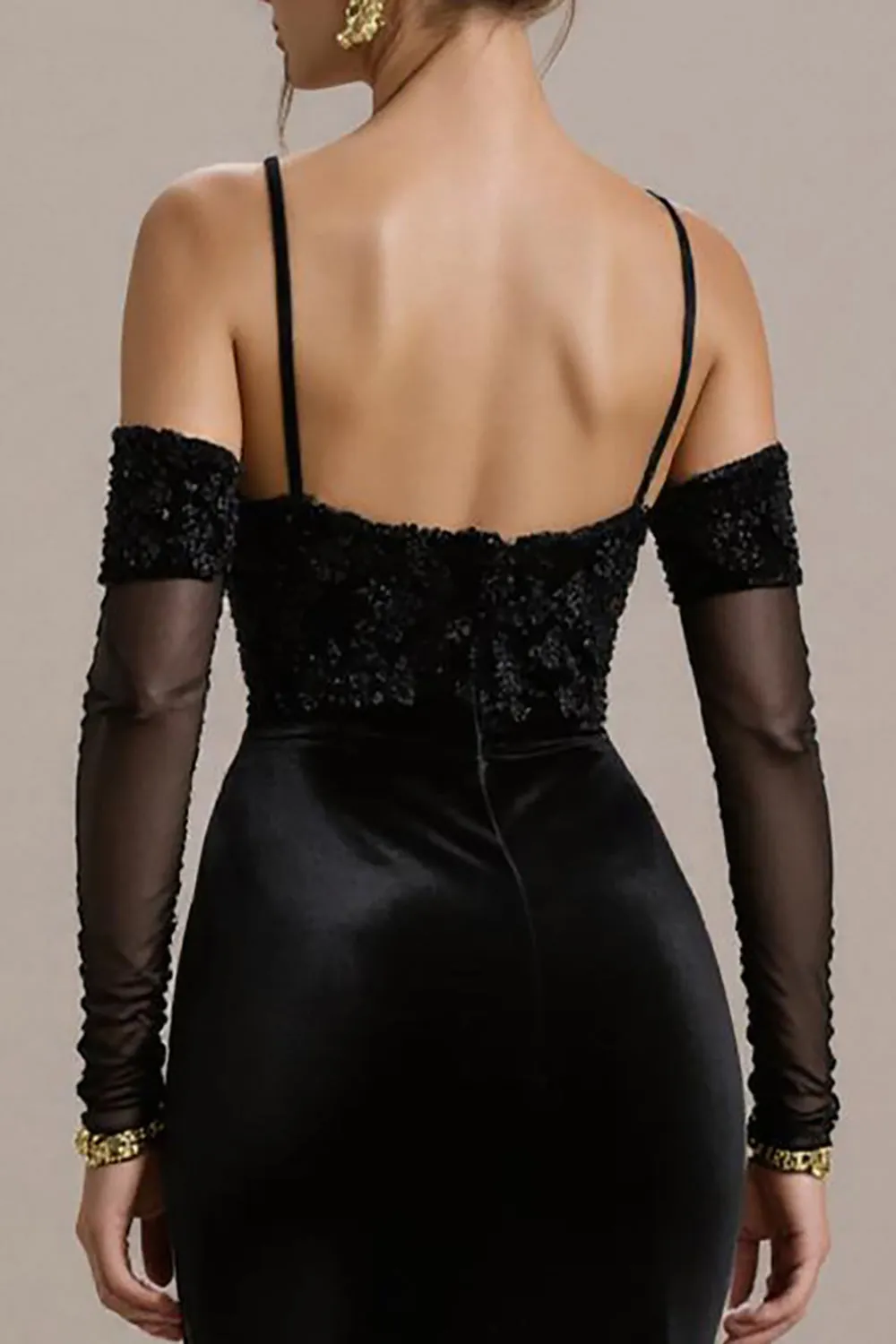 Black Mermaid Cold Shoulder Long Black Tie Dress with Appliques sold by Zapaka product image thumbnail 4