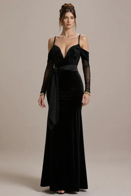 Black Mermaid Cold Shoulder Long Black Tie Dress with Appliques sold by Zapaka