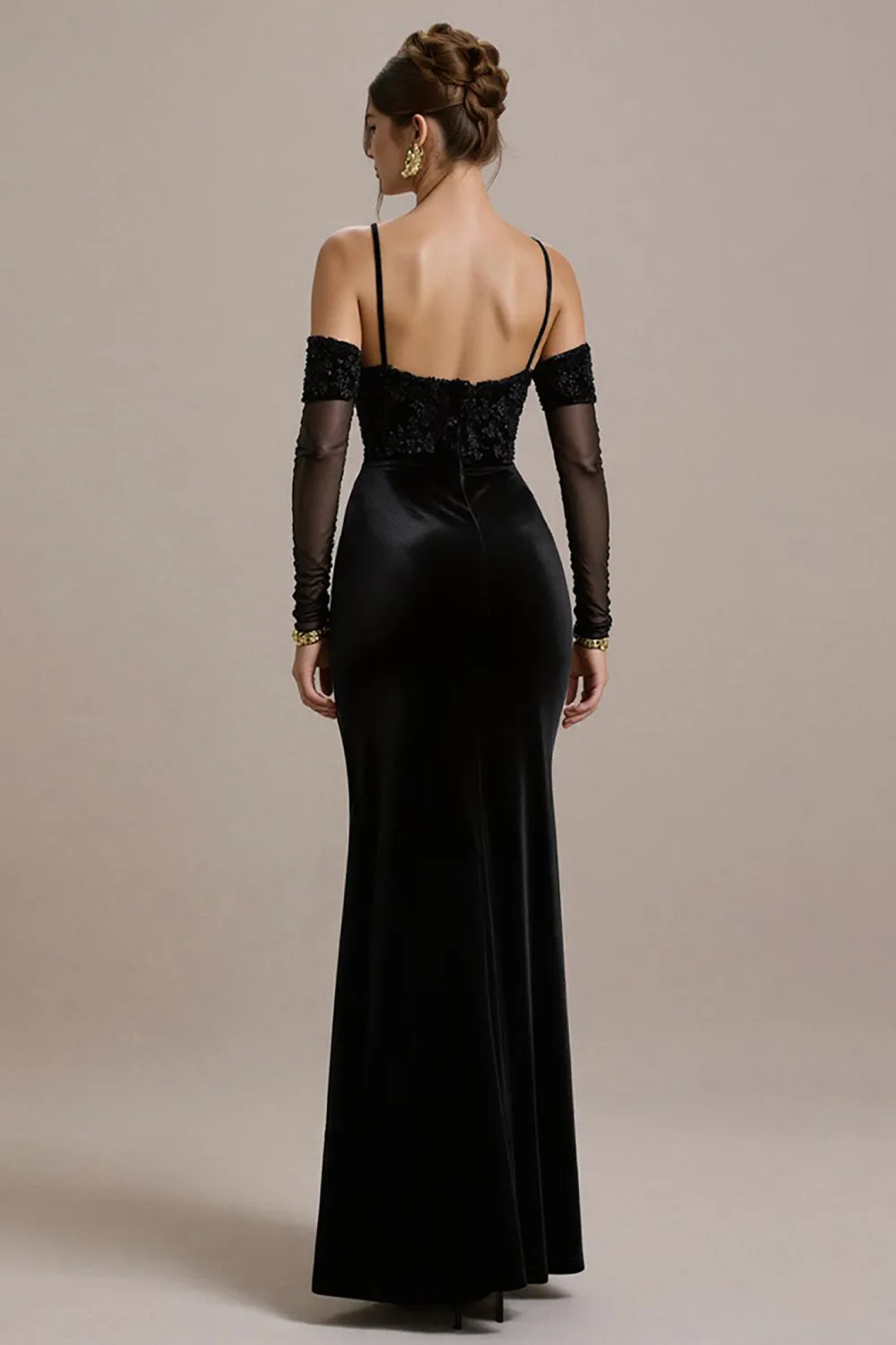 Black Mermaid Cold Shoulder Long Black Tie Dress with Appliques sold by Zapaka product image thumbnail 2