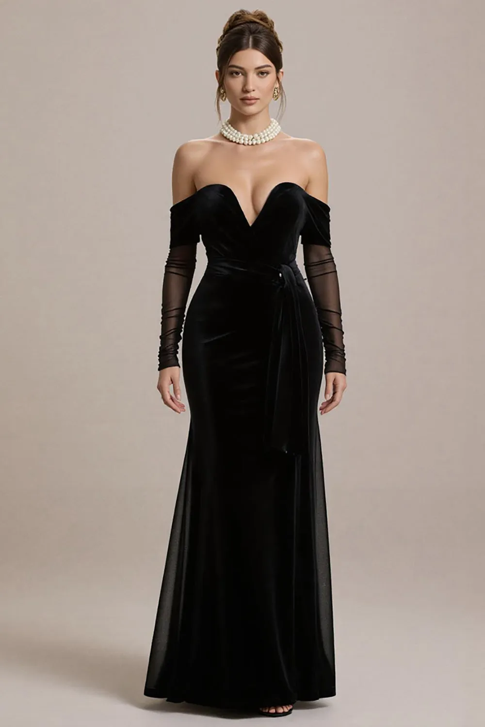 Black Mermaid Off the Shoulder Long Black Tie Dress with Sleeves sold by Zapaka