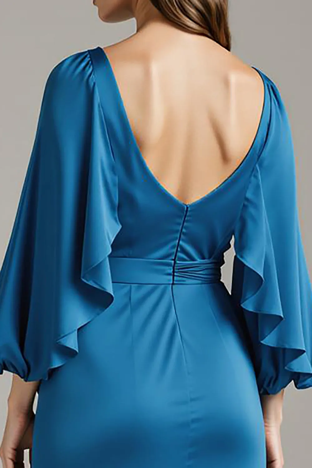 Royal Blue Satin V-Neck Long Black Tie Dress with Sleeves sold by Zapaka product image thumbnail 4