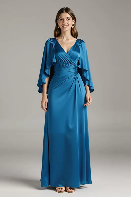Royal Blue Satin V-Neck Long Black Tie Dress with Sleeves made by Zapaka