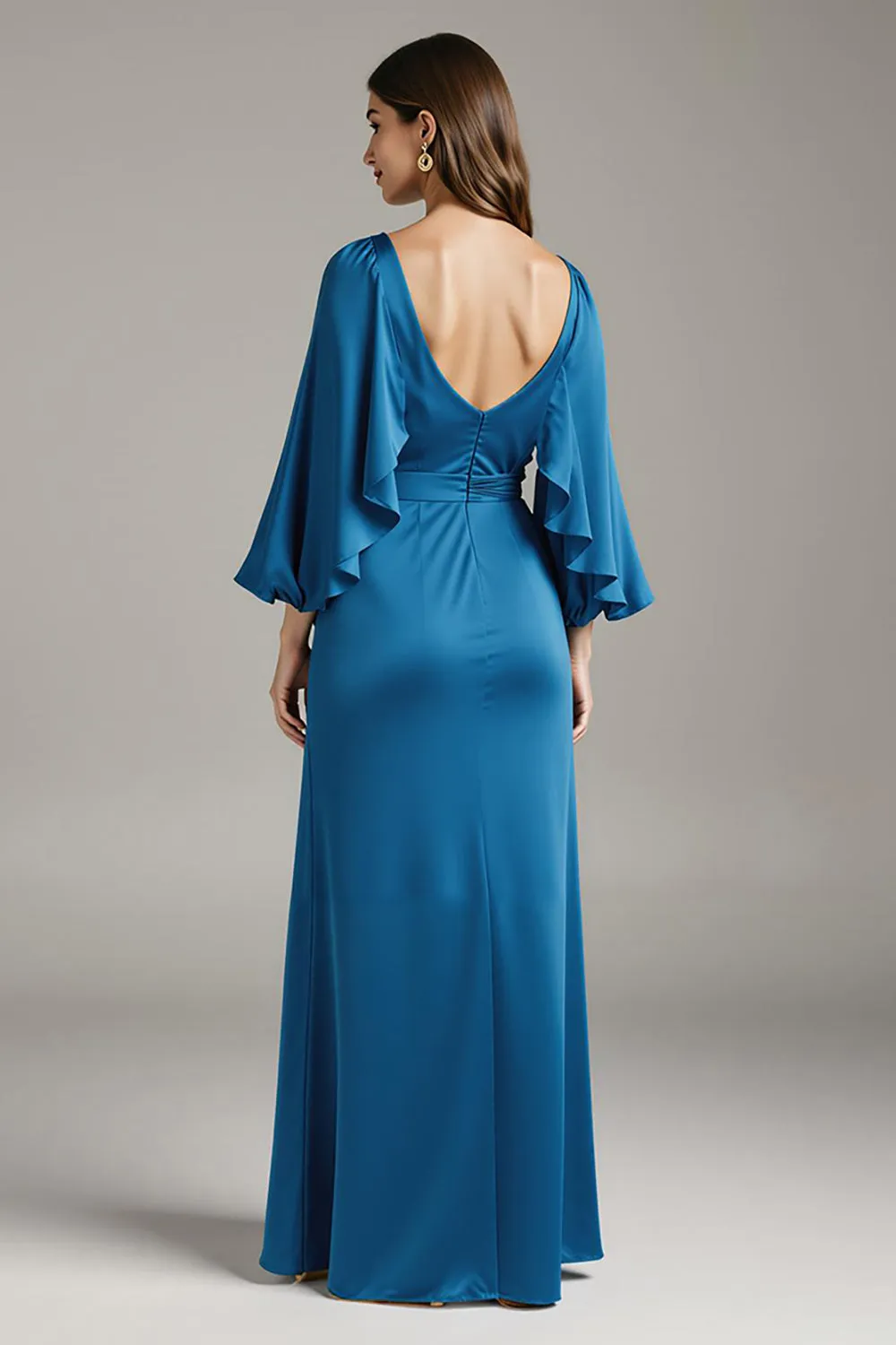 Royal Blue Satin V-Neck Long Black Tie Dress with Sleeves sold by Zapaka product image thumbnail 2